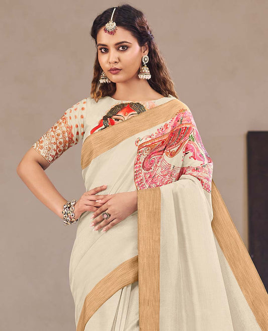 Cream paisley printed designer catalog saree, bavanji border, and pallu features women celebrating holi design print