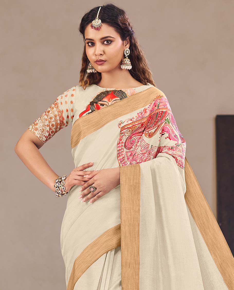 Cream paisley printed designer catalog saree, bavanji border, and pallu features women celebrating holi design print