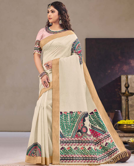 Cream Madhubani printed designer catalog saree, bavanji border, and Madhubani printed  pallu of floral and human figurine