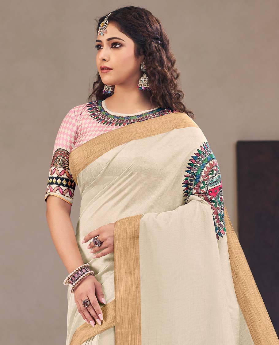 Cream Madhubani printed designer catalog saree, bavanji border, and Madhubani printed  pallu of floral and human figurine