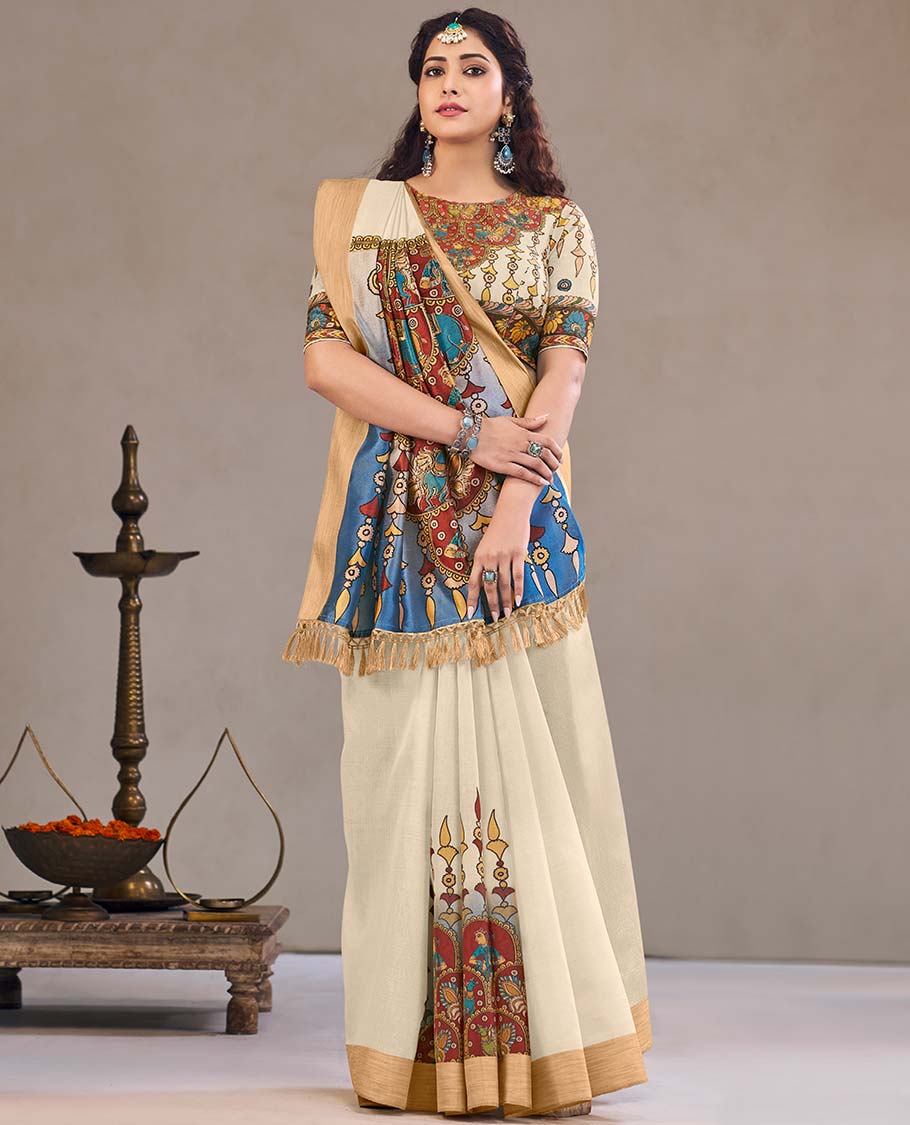 Cream kalamkari printed designer catalog saree, bavanji border, and kalamkari printed pallu of flora, fauna and human figurines