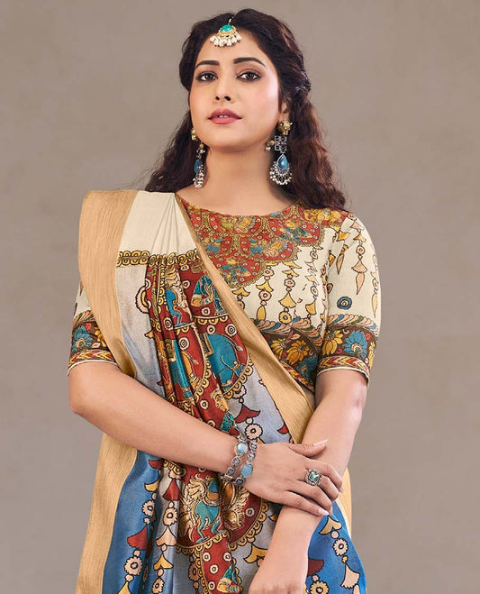 Cream kalamkari printed designer catalog saree, bavanji border, and kalamkari printed pallu of flora, fauna and human figurines