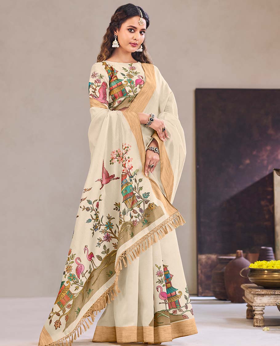 Cream nature theme printed designer catalog saree, bavanji border, and printed pallu of flora, fauna, and buildings