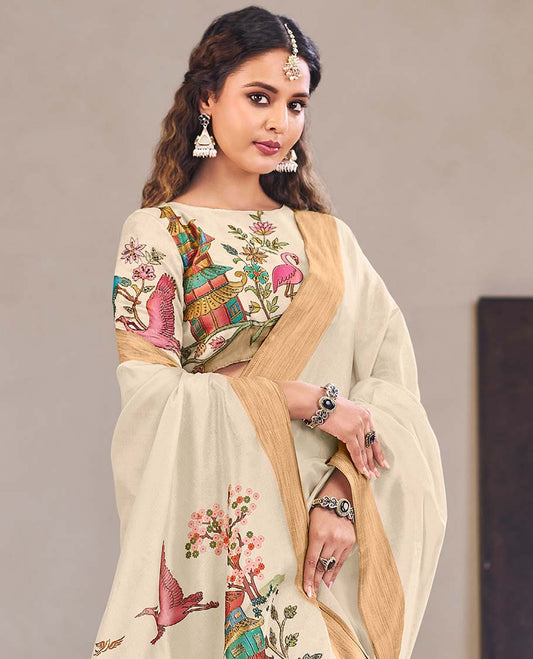 Cream nature theme printed designer catalog saree, bavanji border, and printed pallu of flora, fauna, and buildings