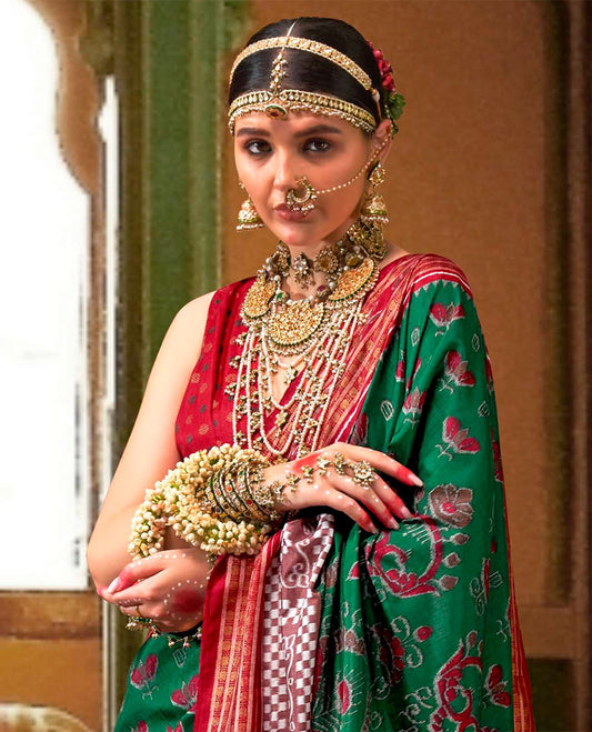 Green ikkat floral buttas woven designer catalog saree, contrast ikkat rudraksha border, and pallu of ikkat weave