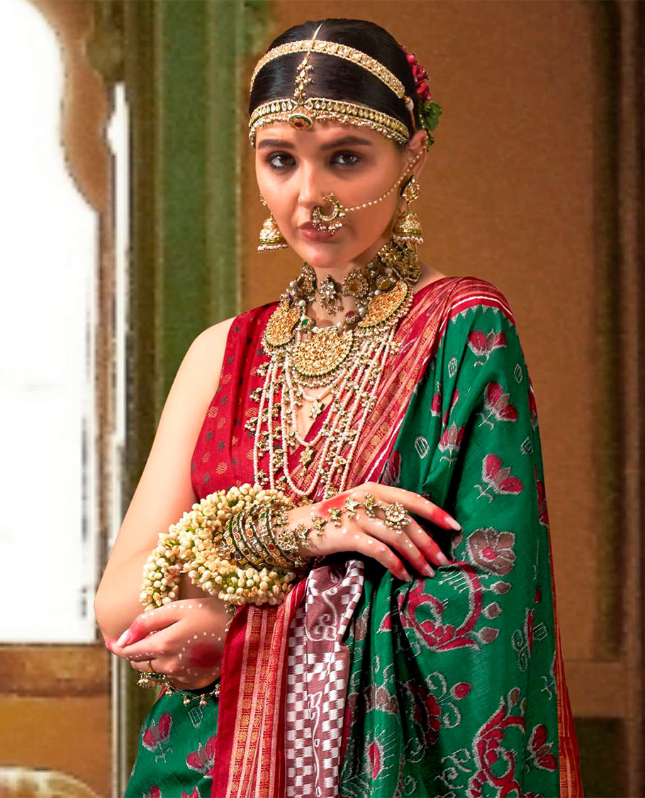 Green ikkat floral buttas woven designer catalog saree, contrast ikkat rudraksha border, and pallu of ikkat weave