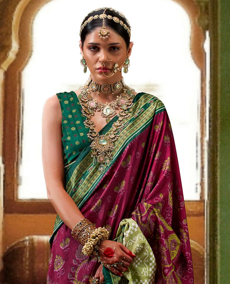 Maroon ikkat floral buttas woven designer catalog saree, contrast ikkat rudraksha border, and pallu of ikkat weave