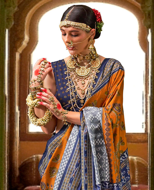 Orange  ikkat floral buttas woven designer catalog saree, contrast ikkat rudraksha border, and pallu of ikkat weave