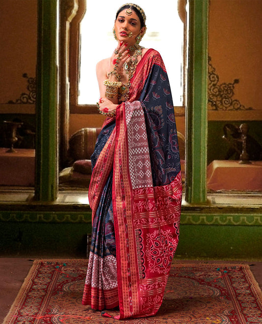 Navy blue ikkat floral buttas woven designer catalog saree, contrast ikkat rudraksha border, and pallu of ikkat weave