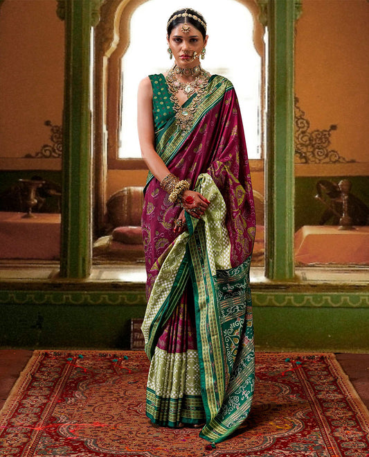 Maroon ikkat floral buttas woven designer catalog saree, contrast ikkat rudraksha border, and pallu of ikkat weave