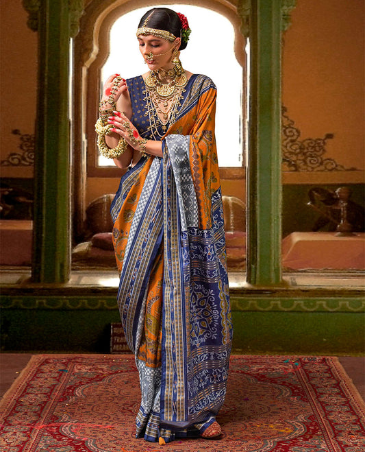 Orange  ikkat floral buttas woven designer catalog saree, contrast ikkat rudraksha border, and pallu of ikkat weave