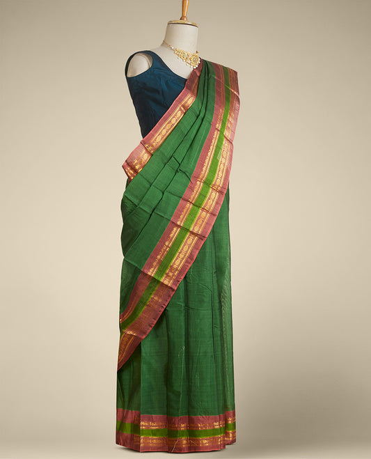 Green plain design gadwal cotton saree, contrast traditional zari design border & zari design pallu