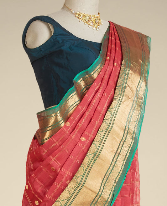 Red checked gadwal saree with zari buttas, contrast traditional zari design border & pallu of paisley & leaf creeper