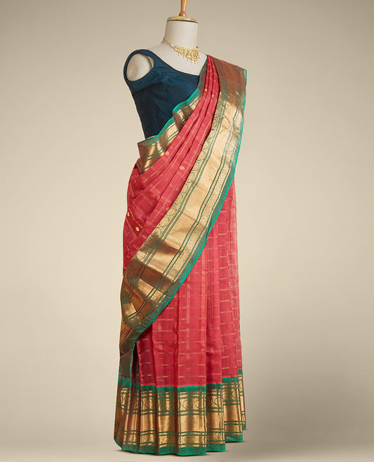 Red checked gadwal saree with zari buttas, contrast traditional zari design border & pallu of paisley & leaf creeper
