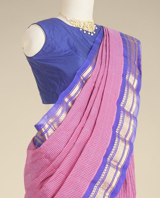 Purple micro-checked design gadwal silksaree, contrast traditional zari design border & pallu of zari stripes