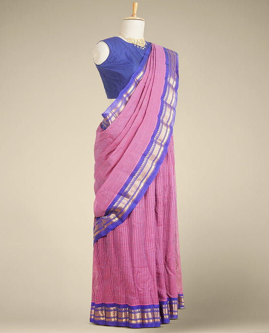 Purple micro-checked design gadwal silksaree, contrast traditional zari design border & pallu of zari stripes