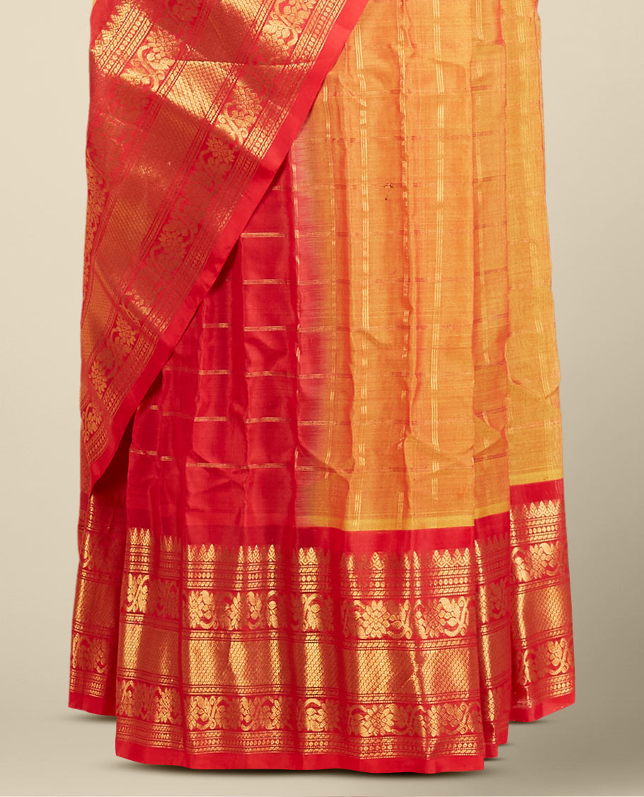 Orange gadwal silk saree with zari designs, contrast traditional design border & pallu of intricate designs