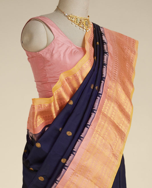 Blue gadwal silksaree with zari buttas, contrast vidarbha border of traditional zari border & pallu of intricate designs