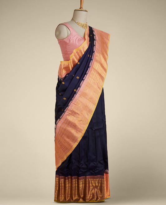 Blue gadwal silksaree with zari buttas, contrast vidarbha border of traditional zari border & pallu of intricate designs