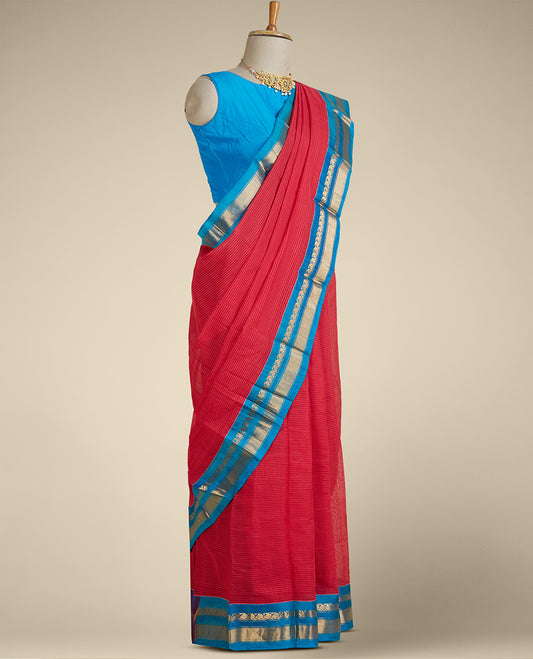 Red striped gadwal cotton saree, contrast zari border & pallu features floral design, paisley vine & stripes
