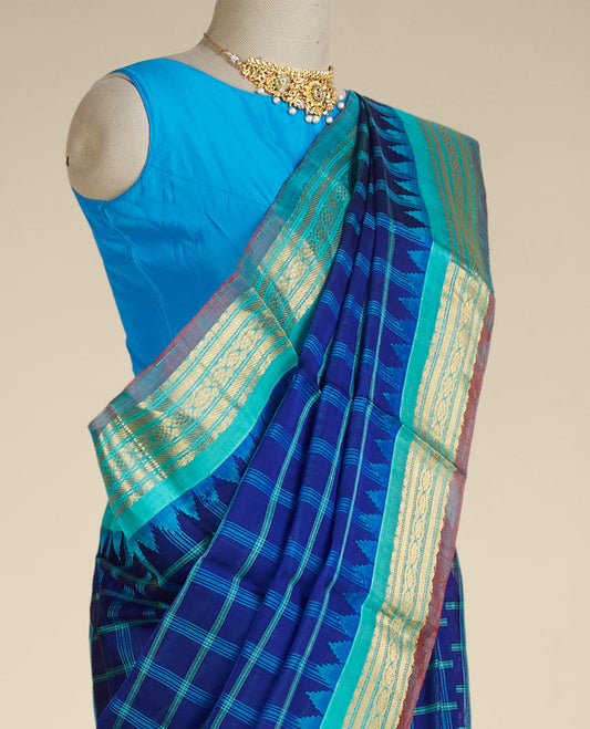 Blue macro-checked design gadwal saree, contrast vidarbha border of traditional designs & zari enriched pallu