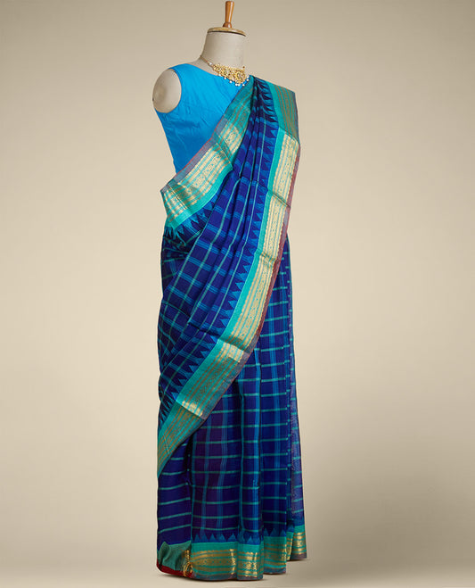 Blue macro-checked design gadwal saree, contrast vidarbha border of traditional designs & zari enriched pallu