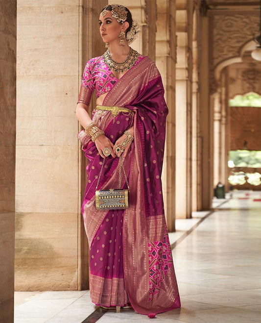 Purple chakram zari buttas designer catalog saree, contrast temple traditional zari border, and pallu of double ikkat patola weave