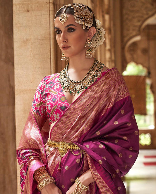 Purple chakram zari buttas designer catalog saree, contrast temple traditional zari border, and pallu of double ikkat patola weave