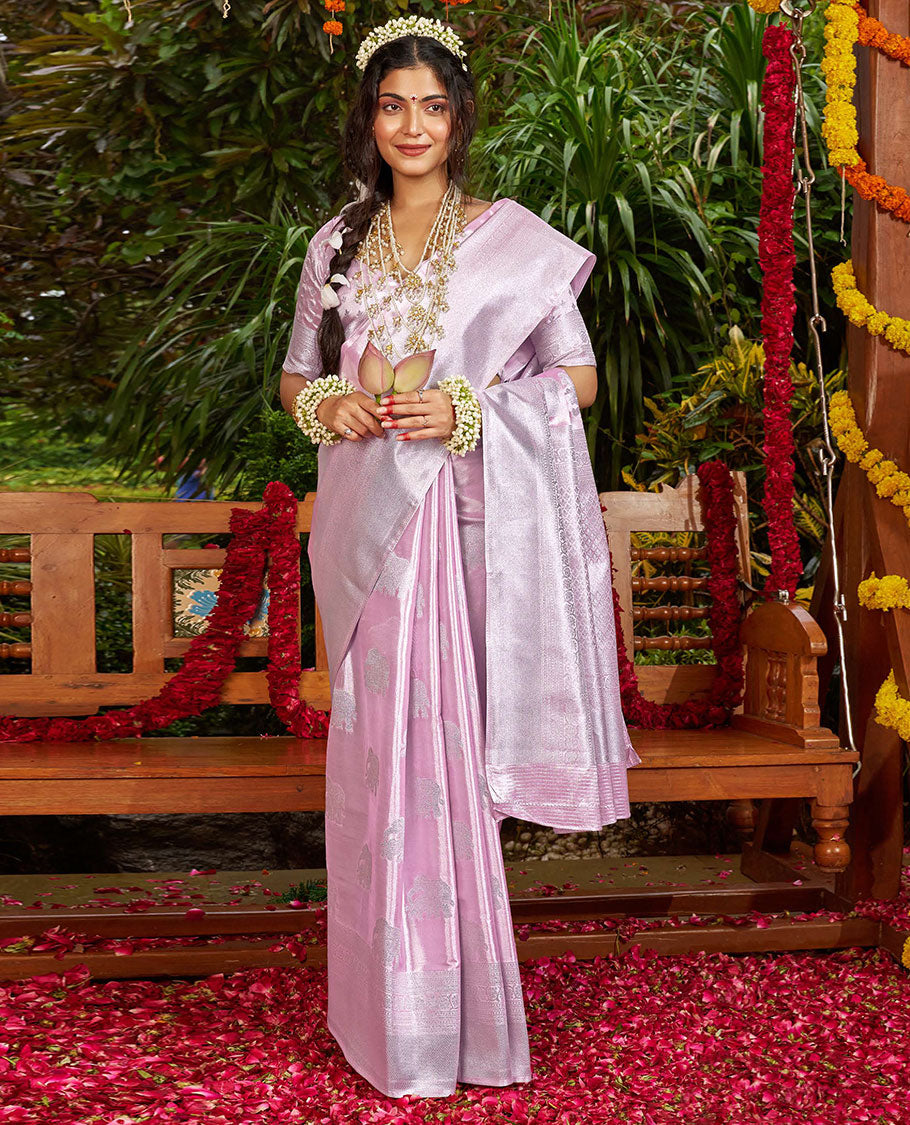 Pink Designer Catalog Saree, Sparsely Woven with Elephant Buttas All Over Its Body, Subtly Traditional Zari Design Border, Pallu of Jaal Designs, and Paired with a Matching Blouse