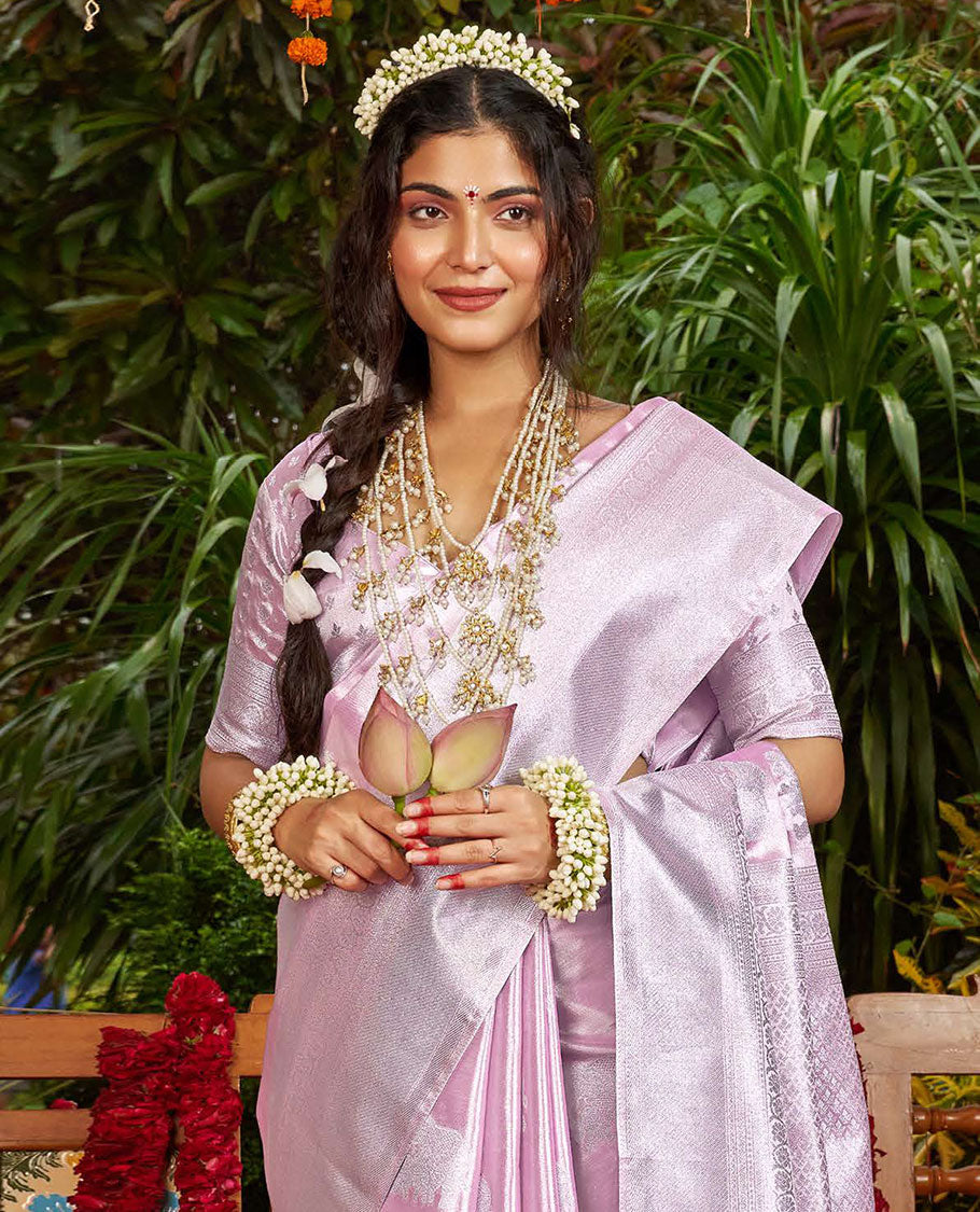 Pink Designer Catalog Saree, Sparsely Woven with Elephant Buttas All Over Its Body, Subtly Traditional Zari Design Border, Pallu of Jaal Designs, and Paired with a Matching Blouse
