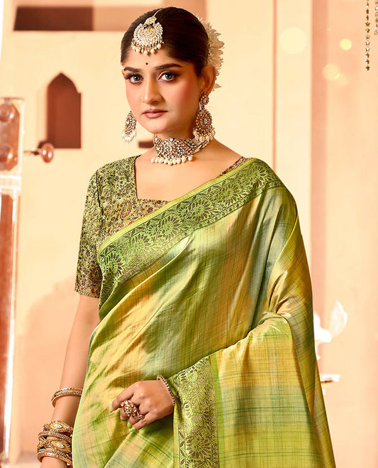 Parrot Green Geometric Printed Designer Saree,