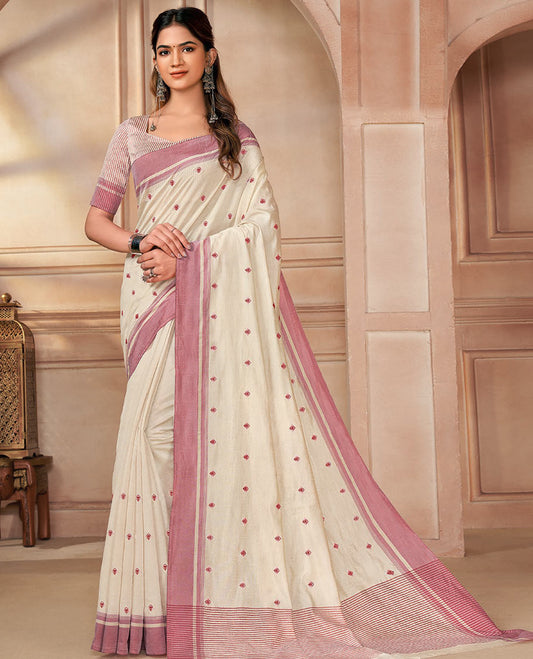 Cream floral embroidered designer saree, contrast border, and striped pallu