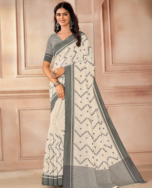 Cream buttas and chevron design designer saree, contrast border, and striped pallu