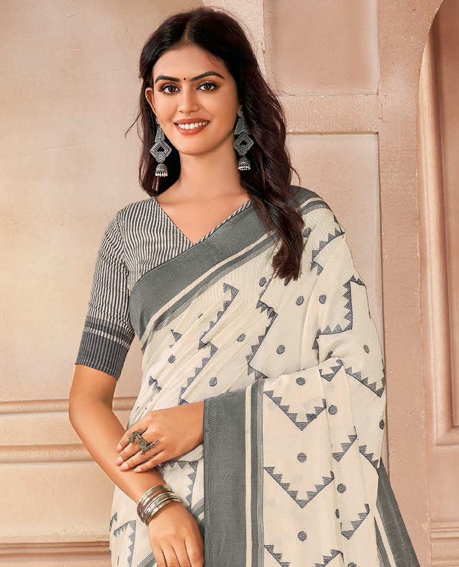 Cream buttas and chevron design designer saree, contrast border, and striped pallu