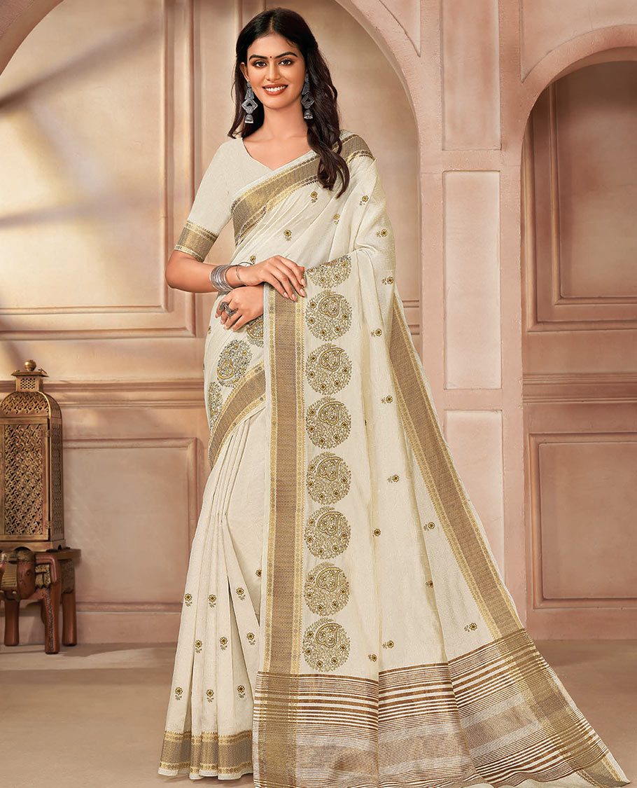 Cream floral buttas and round motifs embroidered designer saree, traditional border, and striped pallu