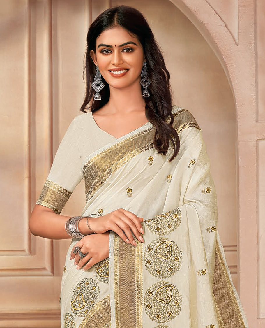 Cream floral buttas and round motifs embroidered designer saree, traditional border, and striped pallu