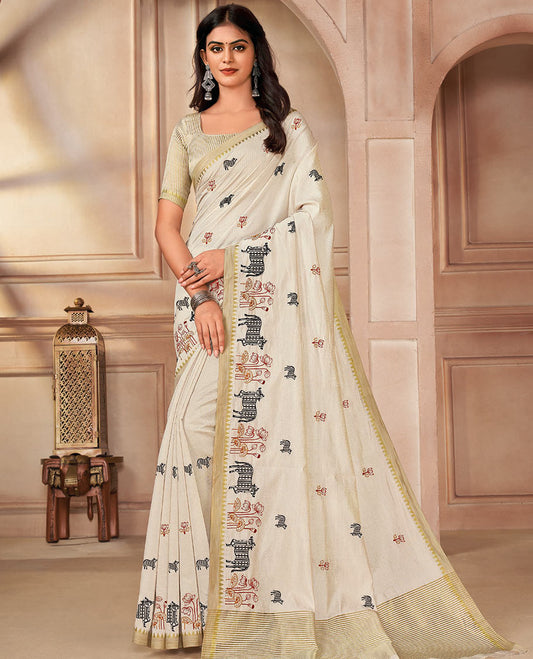 Cream Pichwai cow buttas and lotus motifs embroidered designer saree, temple border, and pallu of stripes