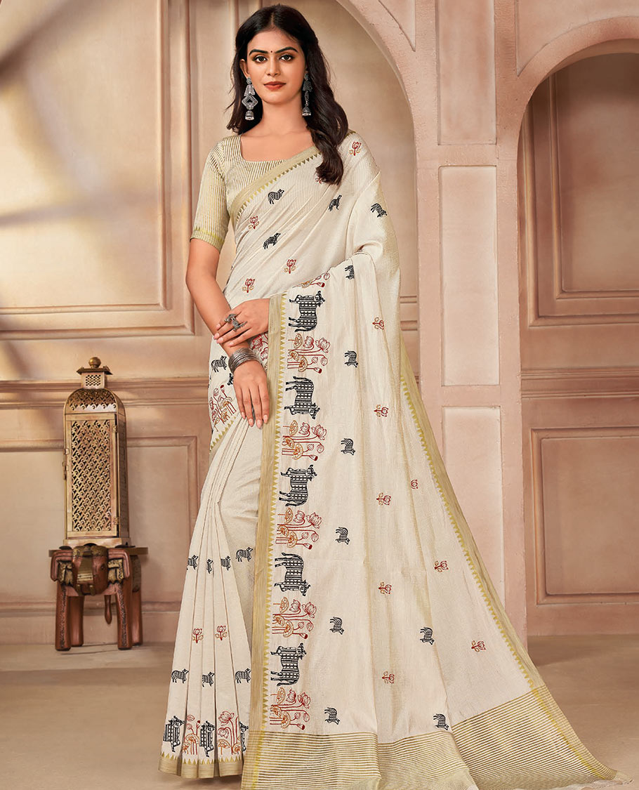 Cream Pichwai cow buttas and lotus motifs embroidered designer saree, temple border, and pallu of stripes