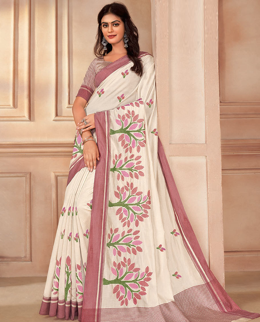 Cream floral and tree motifs embroidered designer saree, contrast plain border, and pallu of stripes