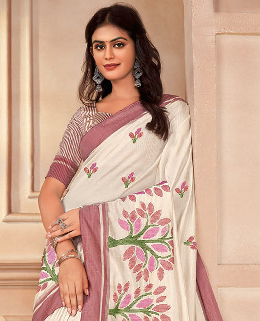 Cream floral and tree motifs embroidered designer saree, contrast plain border, and pallu of stripes