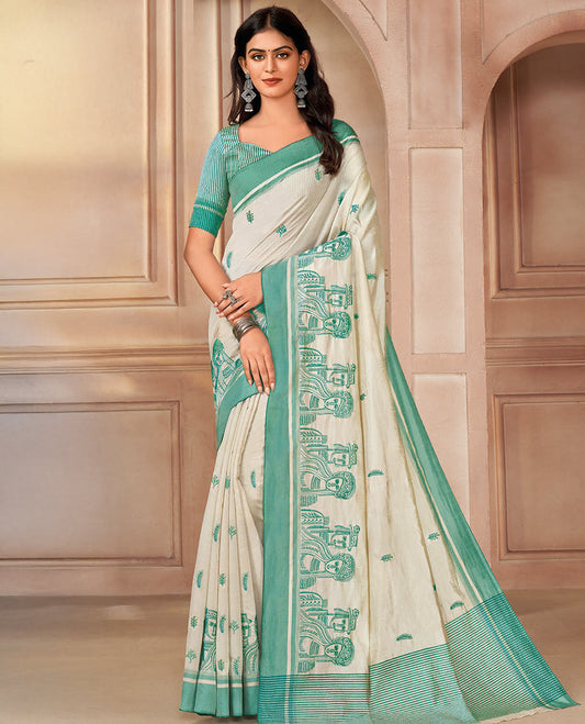 Cream floral motifs and human figurines embroidered designer saree, contrast plain border, and pallu of stripes