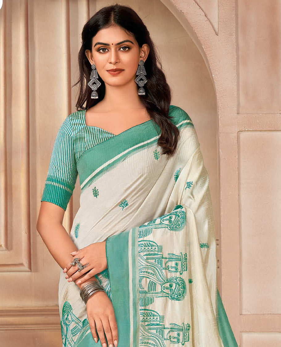 Cream floral motifs and human figurines embroidered designer saree, contrast plain border, and pallu of stripes