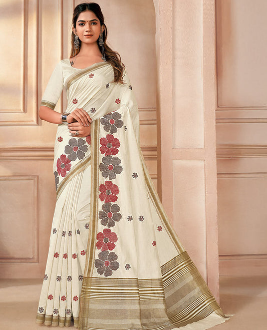 Cream 6-petal floral motifs embroidered designer saree, self-border, and pallu of stripes