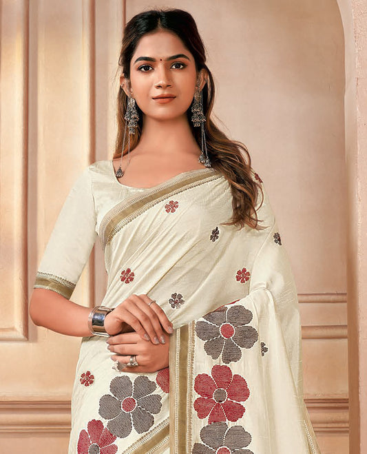 Cream 6-petal floral motifs embroidered designer saree, self-border, and pallu of stripes