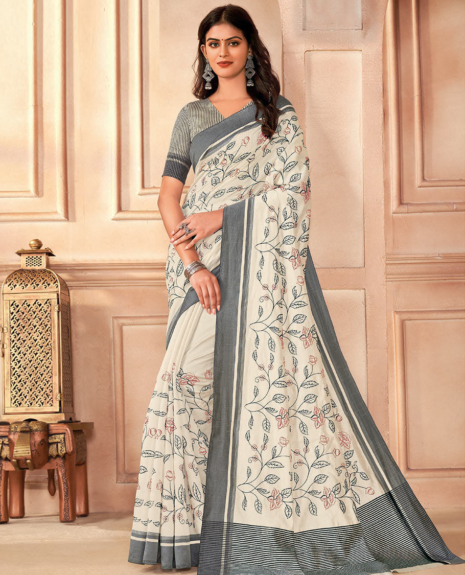 Cream floral vine embroidered designer saree, contrast border, and pallu of stripes