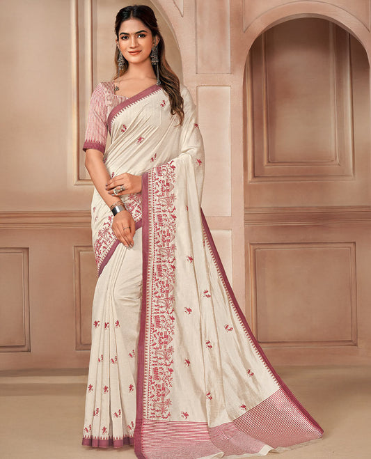 Cream warli village-theme motifs embroidered designer saree, contrast temple border, and pallu of stripes