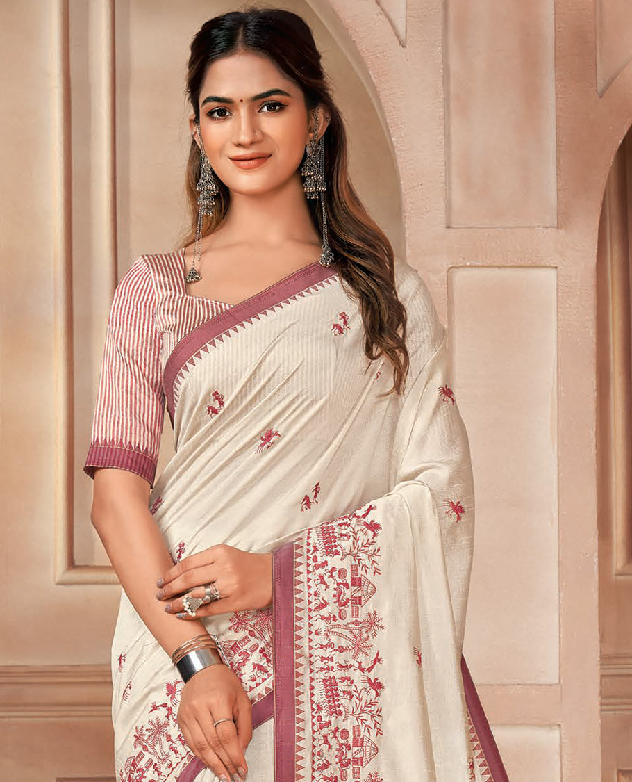 Cream warli village-theme motifs embroidered designer saree, contrast temple border, and pallu of stripes