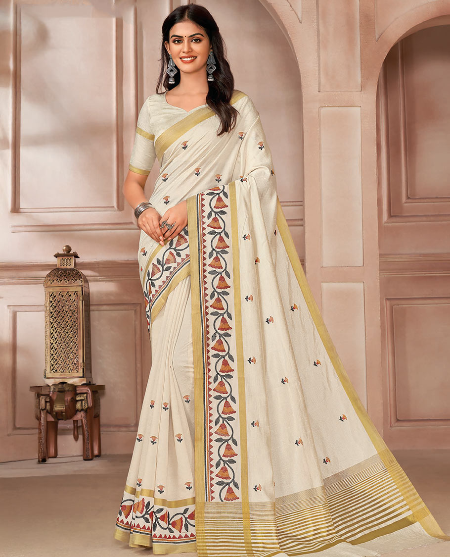 Cream floral motifs embroidered designer saree, floral embroidered temple border, and pallu of stripes