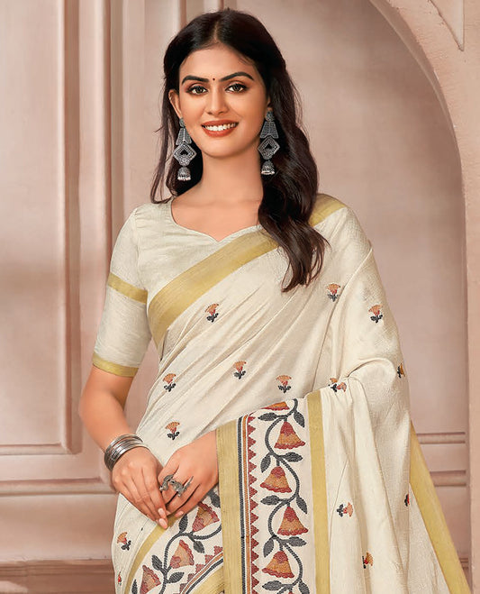 Cream floral motifs embroidered designer saree, floral embroidered temple border, and pallu of stripes