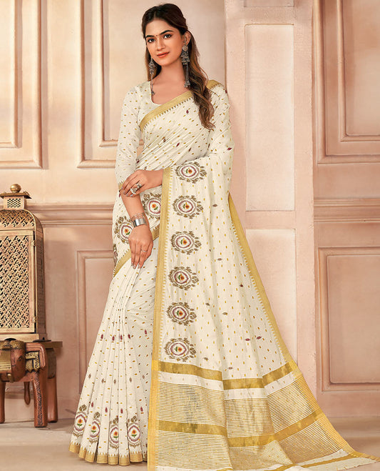 Cream buttas and embroidered designer saree, temple border, and pallu of stripes